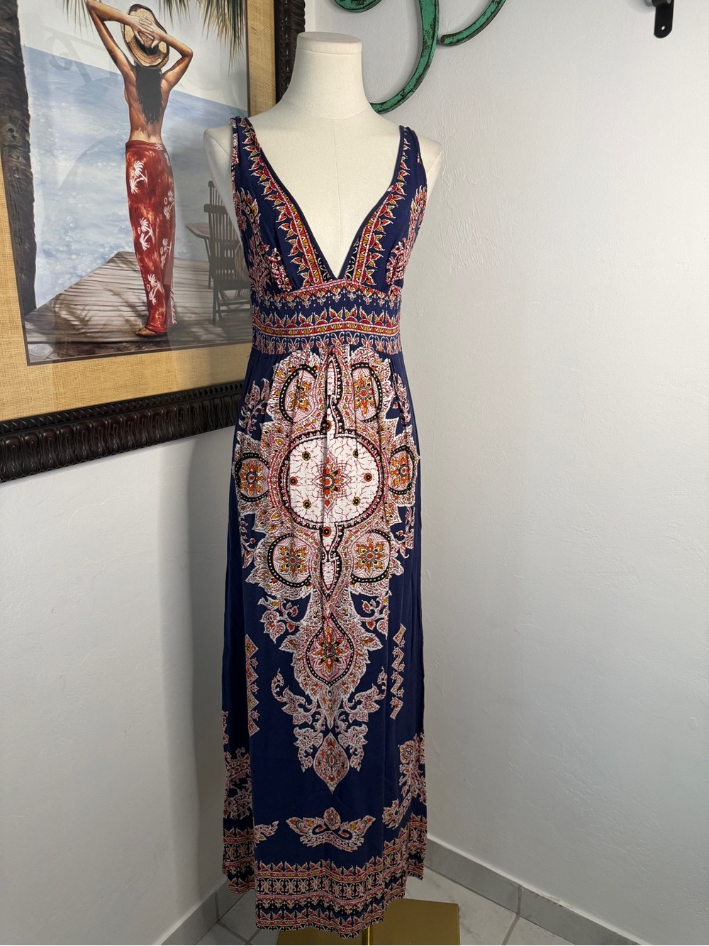 Angie Navy Bohemian Deep V Maxi Dress